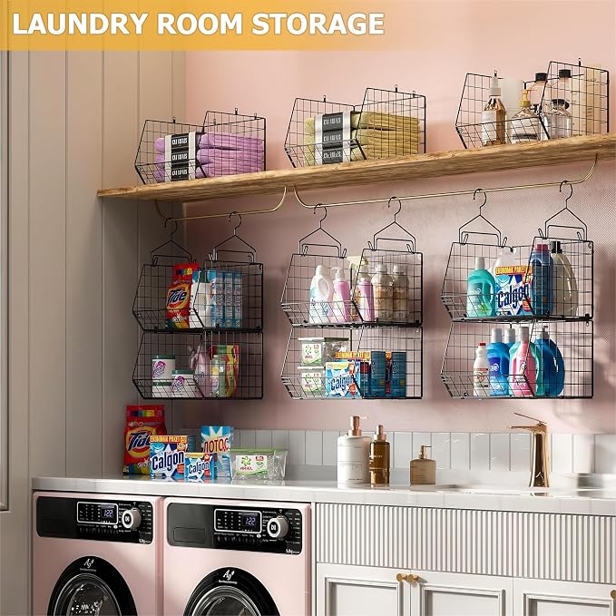 X-cosrack 3-Tier Hanging Closet Organizer, Laundry Room Organization | Space Saving Shelves with 1.65" Hook & 5 S-Hooks | Hanging Wire Baskets (12.4" W x 8.8" H x 10.24-11.8" D)