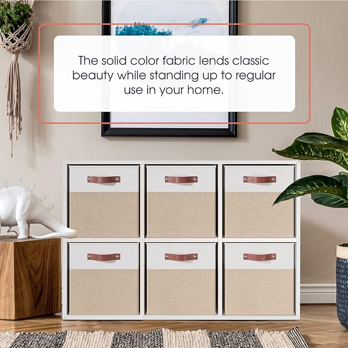 Ornavo Home 13x15x13 Foldable Fabric Storage Cube Bins, 6 Pack, White/Khaki | Collapsible Linen Shelf Basket Organizer; Leather Handles; Fits Cube Storage Shelving Units