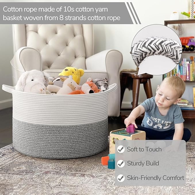 INDRESSME Large Woven Rope Blanket Basket Living Room Light Grey, 65L | 19.7" x 12.6" Storage baskets for laundry, toys & pillows. For living room, bedroom or nursery decor. soft-touch, gift basket
