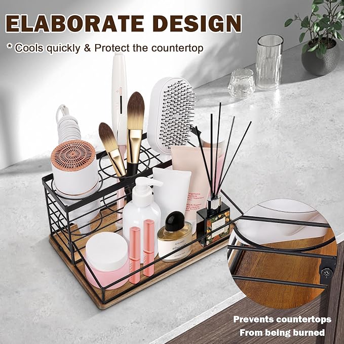 Hair Tool Organizer, Movable Hair Dryer Holder, Hair Styling Tools Storage for Vanity, Bath Counter Organizer, Bathroom Trays for Hair Toiletry, Makeup (12" x 7.7" x 5.8", Wood-Black)