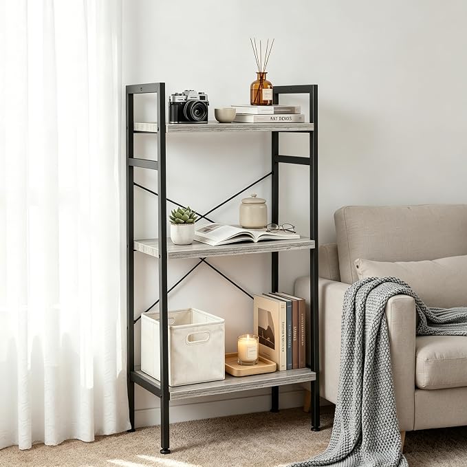 HealSmart 3 Tier Bookshelf, Free Standing Book Shelf Home Office Bookcase Shelf Storage Organizer for Bedroom, Bathroom, Living Room, Office, Balcony, Gray Wood