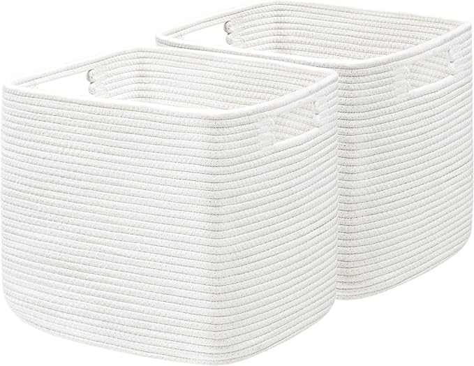 UBBCARE Set of 2 Kallax Storage Cubes-13 ×15 ×13 Inch, Cotton Rope Basket for Shelves, Toys, Book, Cube Storage Bin with Handles, Woven Storage Basket for Organizing, White