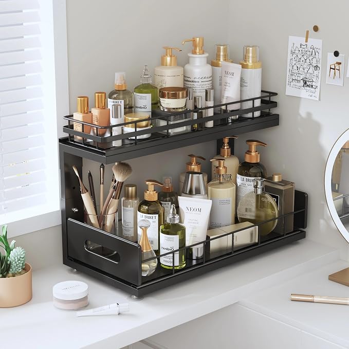 Under Sink Organizer Upgrade To Professional Rails,2-Tier Dual Pull Out Cabinet Storage,Height Adjustable Slide Out Drawers For Bathroom Kitchen,2 Pack-16.7"Dx12.8"-16.9"H,Black