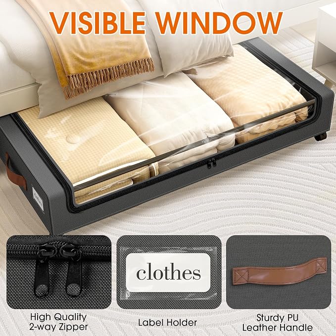 SpaceHacks Under Bed Storage with Wheels 2Pack Storage Containers with Clear Window&Label Under Bed Drawers Rolling Under Bed Storage for Clothes,Shoes, Blankets (30.71 x 16.93 x 6.69 in, Dark Grey)