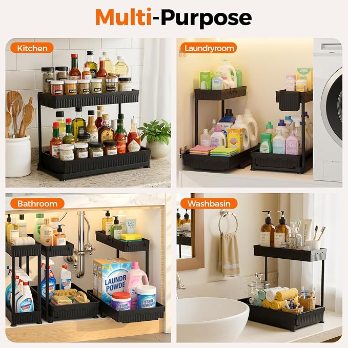 Sevenblue 3 Pack Multi-Purpose Pull-Out Storage Organizers, 2-Tier L-Shaped Under Sink/Cabinet Organizers and Storage for Bathroom & Kitchen, (Black, 12.85 Inches) | Multi-use kitchen & bathroom storage, 12.85 inch black cabinet organizer, space-saving...