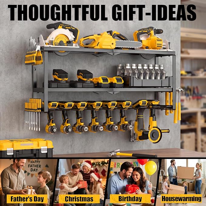 Heavy Duty Power Tool Organizer Wall Mount, Metal Tool Storage Rack Loads 320lbs, 8 Cordless Drill Holder 3 Layer for Garage, Workshop, Tool Room, Gift for Men
