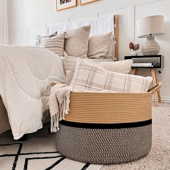 CHICVITA XXL Cotton Rope Woven Blanket Basket with Handles, Brown & Black | Extra large 22x22x14in storage basket doubles as clothes hamper. Decorative for living room, nursery