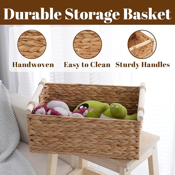 Wicker Storage Basket, Woven Shelf Organizer, 15.5x10.8x6.2 | 15.5x10.8x6.2" natural wicker basket with handles; rectangular shelf organizer for kitchen, bathroom and living spaces.