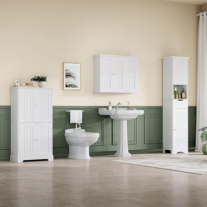 ChooChoo Laundry Cabinet with 3 Doors and Adjustable Shelves | 9.06"D x 31.1"W x 24"H, Bathroom Wall Cabinet, Cupboard, White