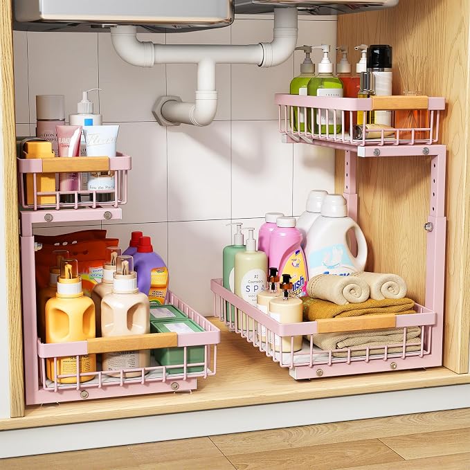 PXRACK Under Sink Organizer, Adjustable Height, 2 Tier Pull Out Under Cabinet Organizer, Slide Out Thickened Metal Under Sink Storage for Kitchen Bathroom Laundry Pantry Cabinet, Pink, Large-2-Pack