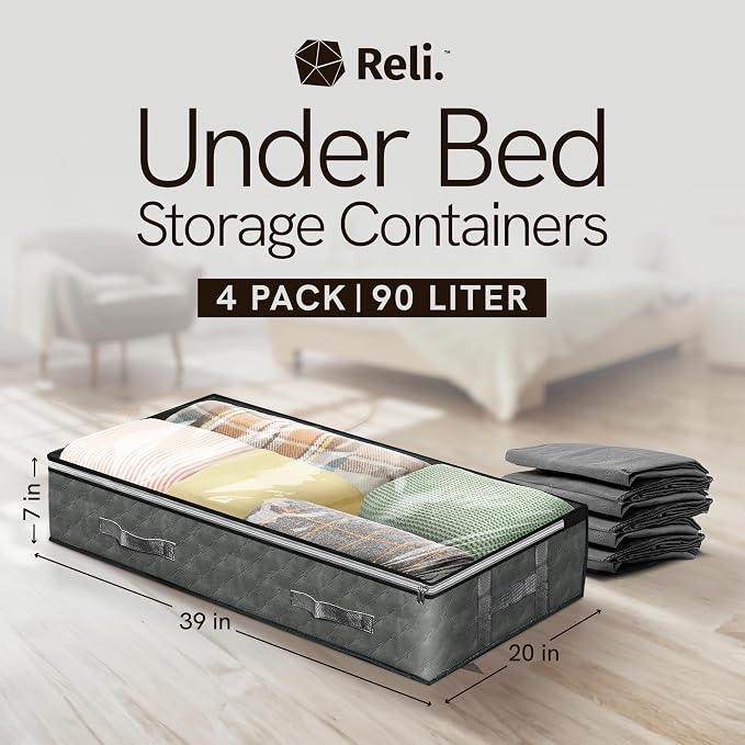 Reli. 90L Under Bed Storage Containers 4 Pack | Closet Organizer Bins | Large underbed storage bags with clear window, gray, dual zippers, 90L, 39x20x7, flat storage bins with lids, handles