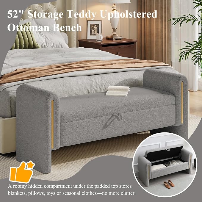 Storage Ottoman Bench, End of Bed Bench with Pull-Ring | 52" Teddy Upholstered, Window Bench with Armrest, Generous Storage, Safety Hinge, Holds 300 LBS, for Bedroom, Grey