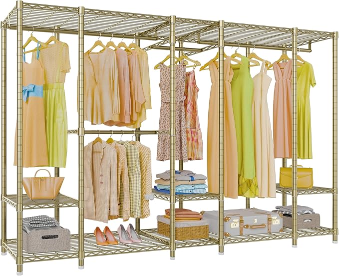 VIPEK V50 Modern Clothing Rack with Adjustable Shelves, Gold | Extra Large Freestanding Garment Rack with 1300 Lb Capacity, 10 Shelves & 4 Rods, Gold Finish, Dressing Room/Boutique Display
