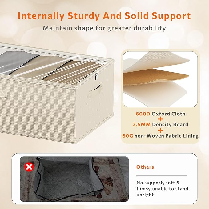 10inch 3 Pack Under Bed Storage Containers, 10 Inch Tall Underbed Clothes Storage Organizer Bin with Clear Window，Foldable Box Basket for Clothes, Closet, Bed Sheets and Blankets Beige