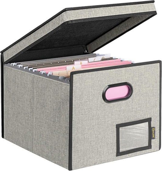 BALEINE File Organizer Box with Lid, Collapsible File Folder Organizer with Plastic Slide, Hanging File Folder Box for Office Document Storage (Tab Friendly, 1 Pack, Beige)