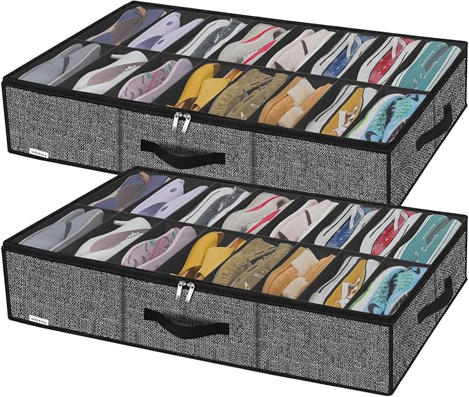 Onlyeasy Sturdy Under Bed Shoe Storage Solution Organizer For Closet Fit 16x2 Pairs, Underbed Shoes Container Bags with Reinforced Handles, Breathable, Linen-like Black, MXAUBS16P2
