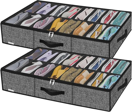 Onlyeasy Sturdy Under Bed Shoe Storage Solution Organizer For Closet Fit 16x2 Pairs, Underbed Shoes Container Bags with Reinforced Handles, Breathable, Linen-like Black, MXAUBS16P2