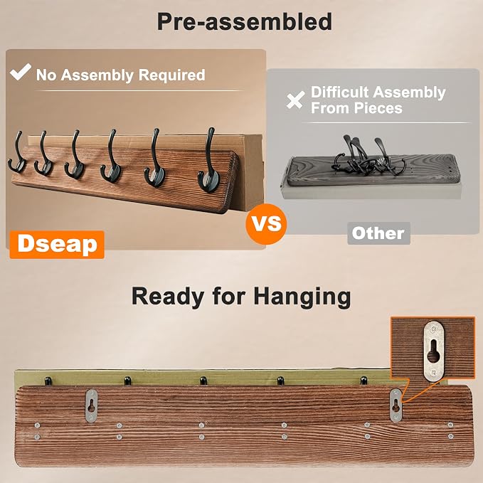 Coat Rack Wall: 24" Long, Patented, Heavy-Duty, 6-Double-Hooks Wooden Wall Mounted Coat Rack Coat Hanger Hook Rail for Winter Coats Hat Jacket Clothing, Weathered Blue, Pack of 2