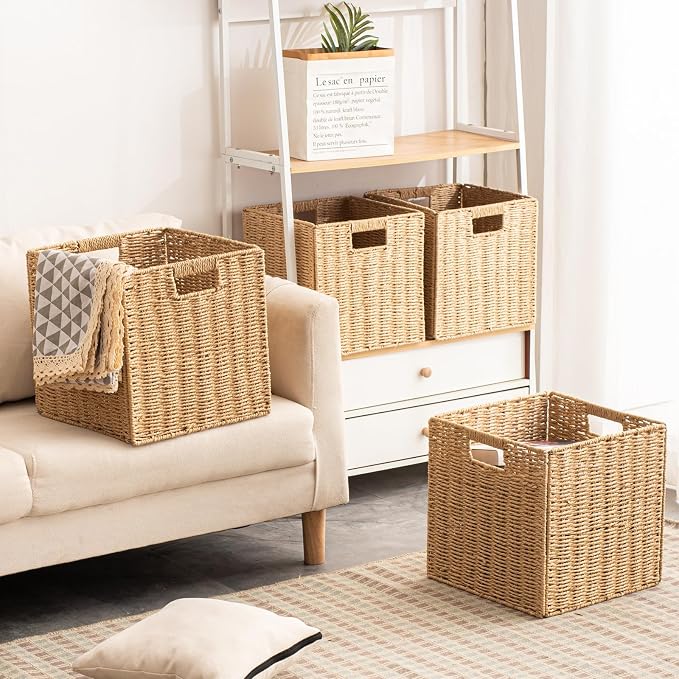 Foldable Storage Baskets with Handles Paper Rope Storage Baskets Rectangle Collapsible Hand Woven Storage Cubes Bins for Organizing Shelves Living Room Bedroom Pantry (4, 11'' x 11'' x 11'')