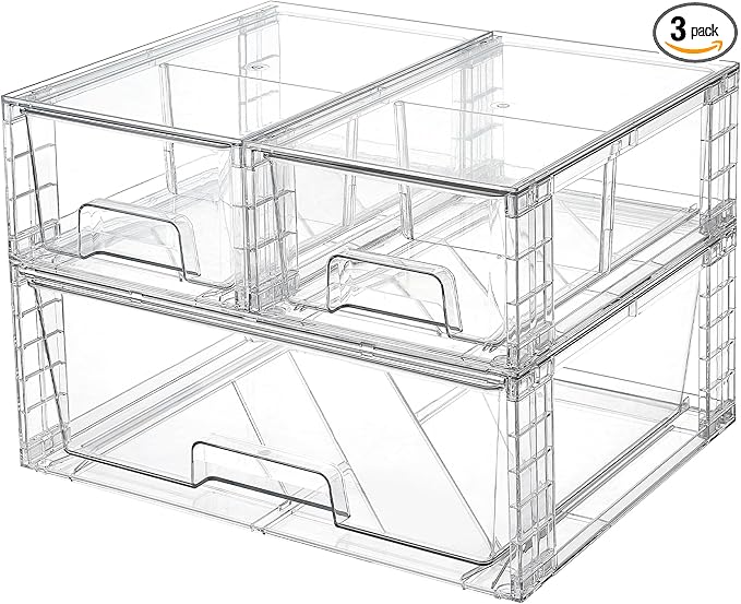 Vtopmart Clear Stackable Storage Drawers, 3 Pack Wide Organizer Set | Wide and Small Pull-Out PET Drawers with Stackable Design for Bathroom Organization, Cabinets, Closets, Pantry and Medicine