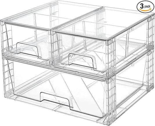 Vtopmart Clear Stackable Storage Drawers, 3 Pack Wide Organizer Set | Wide and Small Pull-Out PET Drawers with Stackable Design for Bathroom Organization, Cabinets, Closets, Pantry and Medicine