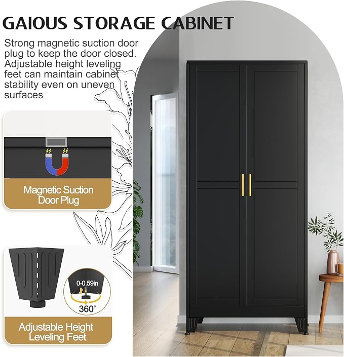 GAIOUS 71" Tall Metal Storage Cabinet with 2 Doors and 4 Adjustable Shelves, Kitchen Pantry Cabinet Black Freestanding Cupboard, 5 Tier Multifunctional Steel Storage for Office, Kitchen, Dining Room
