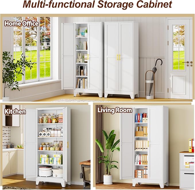71" White Metal Storage Cabinet with 2 Doors and 4 Adjustable Shelves,Steel Garage Tool Cabinet, File Cabinet,Kitchen Pantry Cabinet for Home,Office,Garage,School,Warehouse