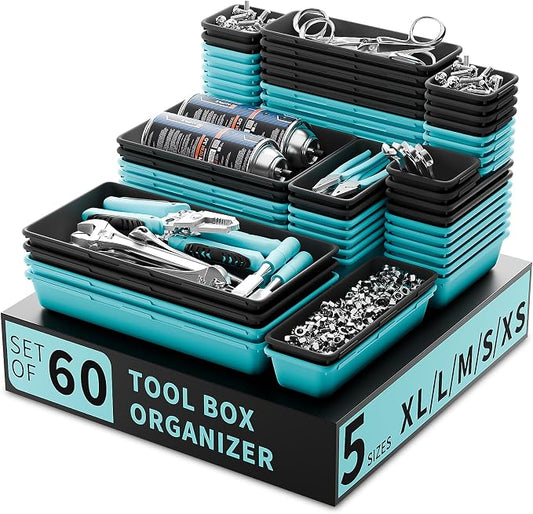 Tool Box Organizer Tray, 60 PCS & 5 Sizes, Black and Sky Blue | Sturdy ABS Plastic, Interlocking System, Craftsman Tool Desk Drawer Organizer for Storing Wrench Screwdrivers Hammer Nails