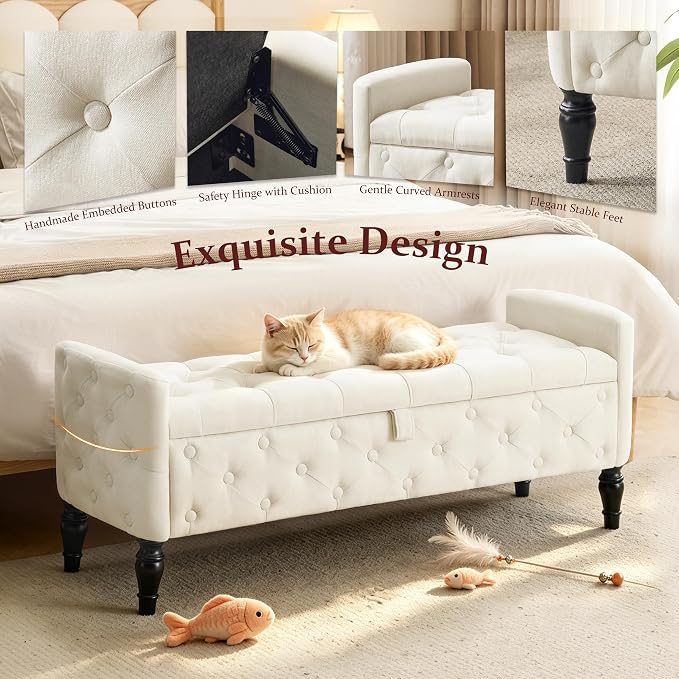 Royal Windsor 48" Ottoman with Storage,Tufted Storage Bench with Safety Hinge,Holds up to 350 lb,Black Wood Legs,Upholstered Bench with Arms for Bedroom,Living Room,Entryway,Linen Beige