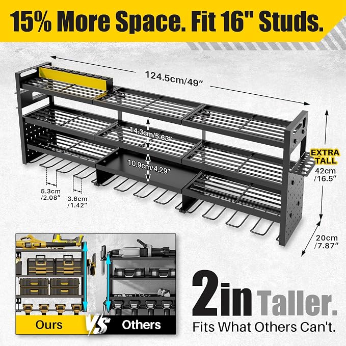 Power Tool Organizer Wall Mount | 8-Outlet TR Charging Station | Garage Storage Rack with Cordless Drill Holder | Heavy Duty Metal Shelf for Workshop Organization