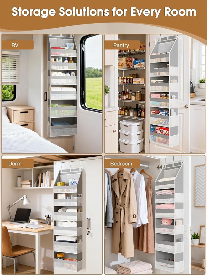 Criusia Over The Door Organizer, Heavy-Duty 6-Shelf Hanging Storage with 13 Mesh Pockets, 55lbs Capacity Behind The Door Storage for Nursery, Bathroom, Bedroom, and Dorm, Grey