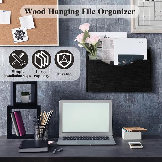 Suzile Wall Mounted File Holder Wood Magazine Holder Wall Hanging File Organizer for Office Mail Magazine Letter Paper Folder Organization (Black)