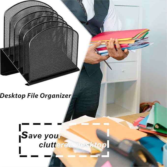 Desktop File Organizers 2 Pack Inclined Document Holders 5 Section Office Supplies Mesh Vertical File Sorters Metal File Storages (2)
