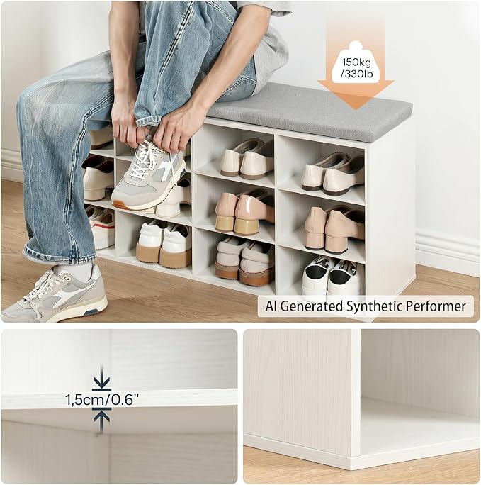 HOOBRO Shoe Storage Bench with Cushion, 39.4" L Entryway Bench with 12 Cubbies, Entryway Hall Tree with Storage, Cubby Shoe Rack Bench with Coat Rack for Hallway, Holds up to 330 lb, White WT112HX01