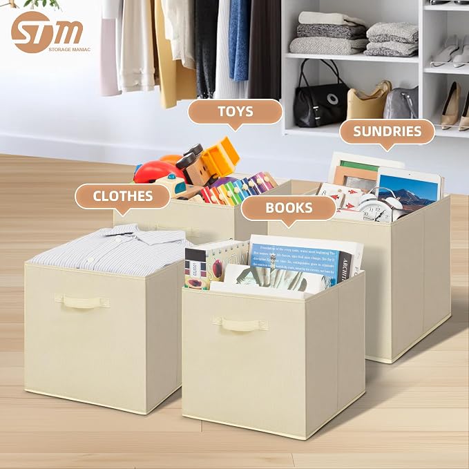 STORAGE MANIAC Storage Cubes, 13 Inch Collapsible Storage Bins with Handles, 8 Pack Fabric Foldable Bins for Organization, Durable Storage Bins for Closet, Shelves, Offices, 8-Pack Beige