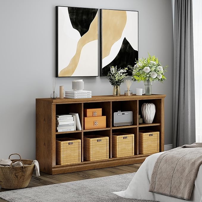 2 Tiers 8 Cube Storage Organizer Bookcase, 54 inch Width Wooden Book Shelf | 8 Storage Cube Adjustable Space Book Case, Vintage Oak Horizontal Bookshelf Display Cabinet Organizer for Home Library Office