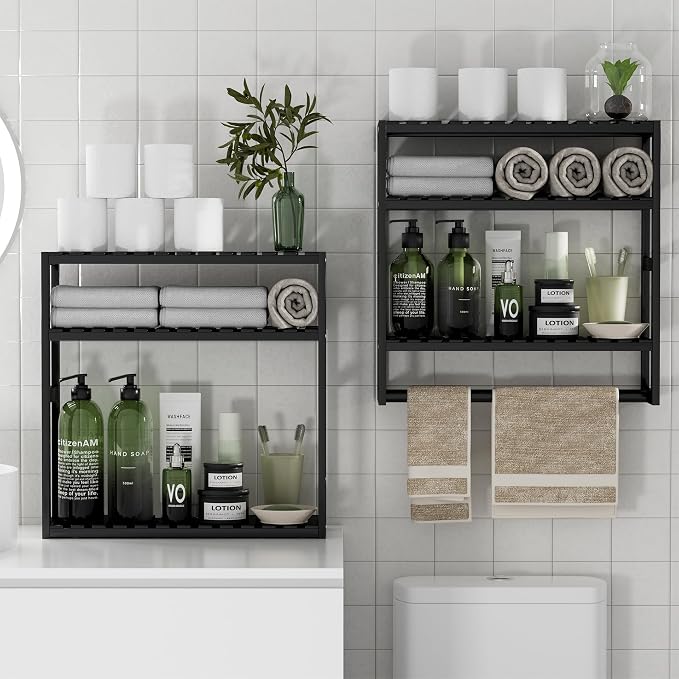 PPN Towel Rack Bathroom Storage Shelves Over The Toilet with Towel Bar 100% Bamboo Adjustable Height Floating Shelf Wall Shower Shelf for Small Space Bathroom Kitchen Multi Usage (Black-1Pack)