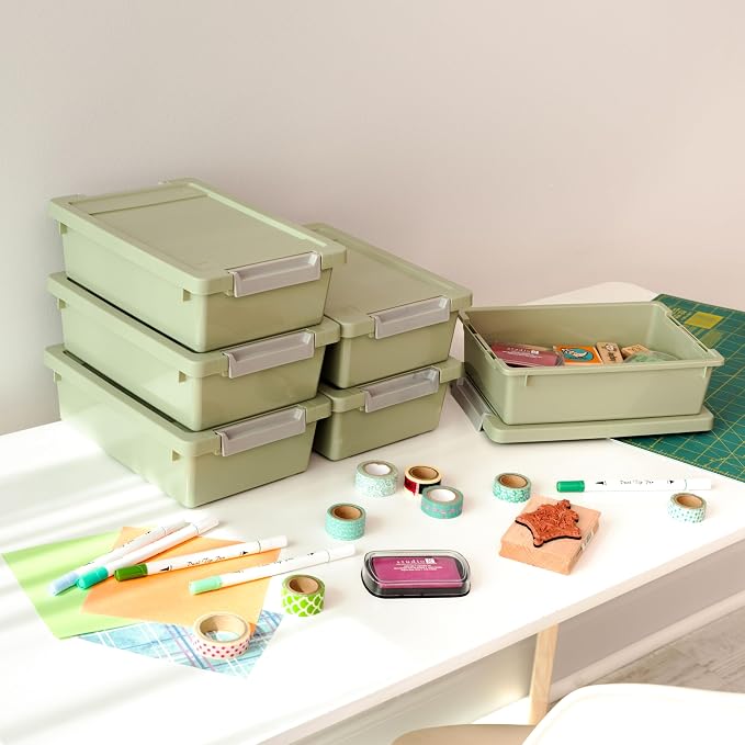 IRIS USA Storage Bins with Lids |Made in USA| 2 Qt - (6-Pack) - Sage Green | Sensory Craft Organizers, Plastic Clip Box Totes, Flat Containers for Organizing Paper, Office, Art & Study Supplies