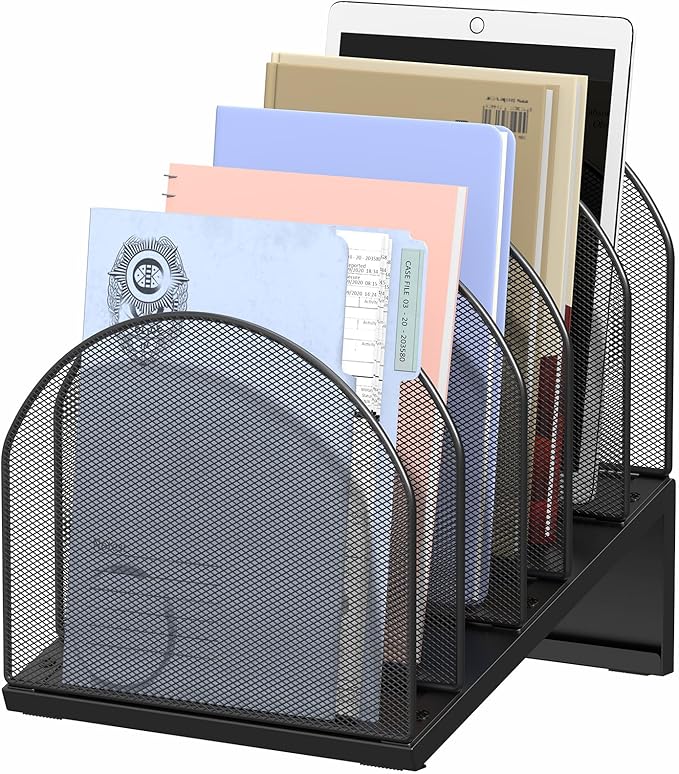 5-Section Desk File Organizer Metal Mesh Folder Organizer, Black | Metal Mesh Folder Organizer for Documents, Mail & Office Papers