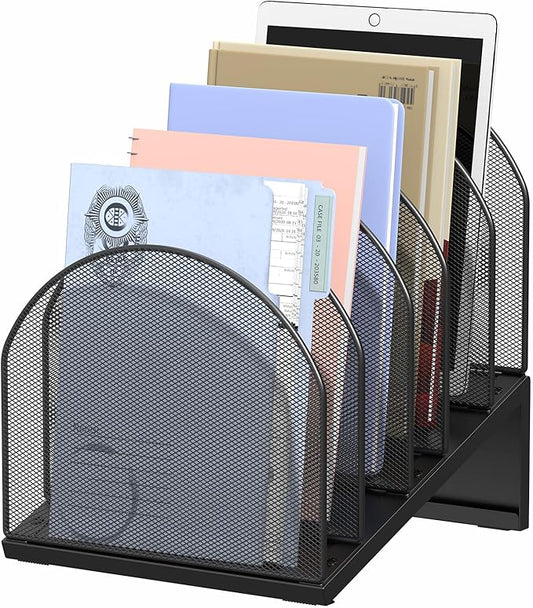 5-Section Desk File Organizer Metal Mesh Folder Organizer, Black | Metal Mesh Folder Organizer for Documents, Mail & Office Papers