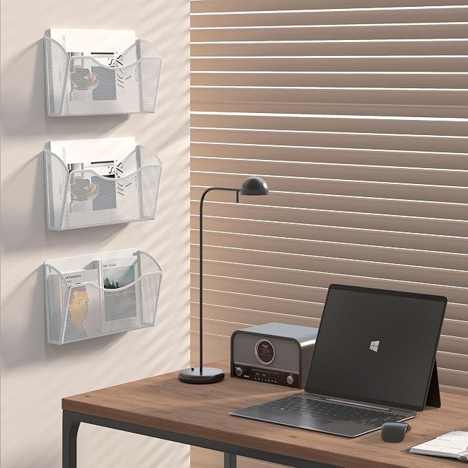 EasyPAG Wall File Organizer 3 Pack, Hanging File Organizer Wall Mount, Metal Mesh Folder Holder for Letter/A4 Papers, Mail Sorter for Office, Classroom, Home, White