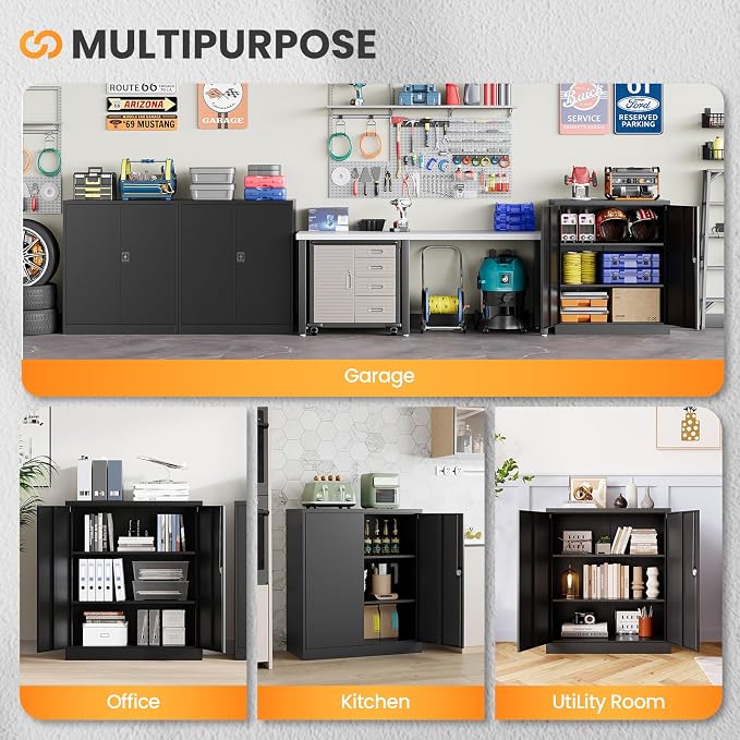 Metal Storage Cabinet, 35.4'' Tall Small Storage Cabinet with Doors and Shelves, Locking Cabinet for Home Office, Garage, Utility Room, Warehouse, Black