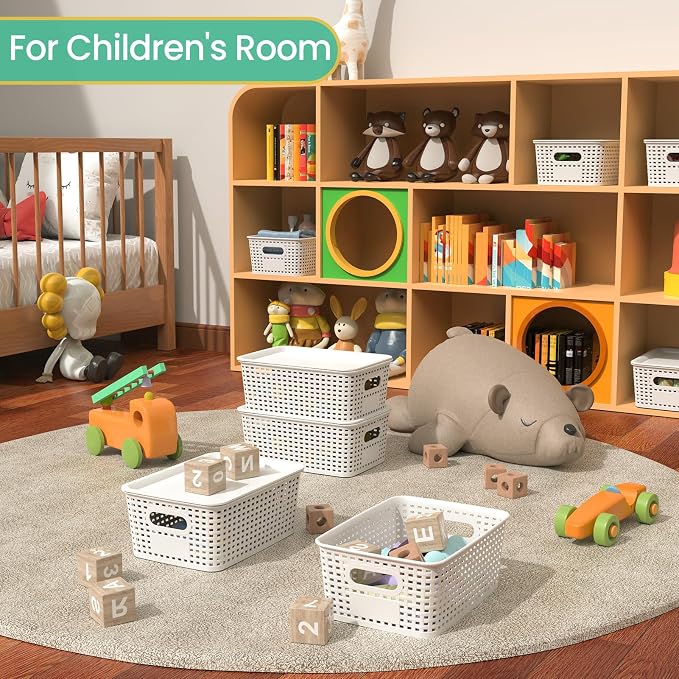 Plastic Storage Baskets with Lid-Plastic Storage Containers Stackable Storage bins: Storage Baskets for Organizing Shelves Drawers Desktop Closet Playroom Classroom Office,8 Pack-White10.2x7.2x4.1Inch
