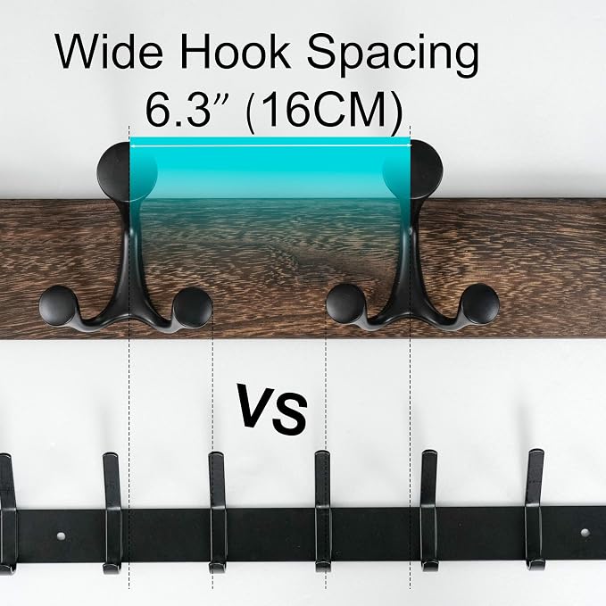 WEBI Coat Rack Wall Mount,24" Solid Wood Coat Hooks Wall Mounted Coat Hanger,16" Hole to Hole,Heavy Duty Hook Rack Rail,4 Triple Hooks for Hanging Coats,Jacket,Clothes,Hat,Weathered Brown,2 Packs