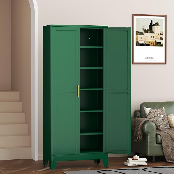 Metal Pantry Cabinet with 2 Doors and 5 Adjustable Shelves, 75"Kitchen Storage cabinets with Gold Handles, Versatile Storage for Laundry Room, Living Room, Bathroom, Dinning Room, Utility Room-Green