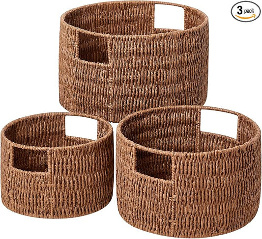 Wicker Storage Basket, Hand-Woven Paper Rope Large Round Woven Basket With Handles, Wicker Baskets for Organizing/Storage, Brown, 3-Pack