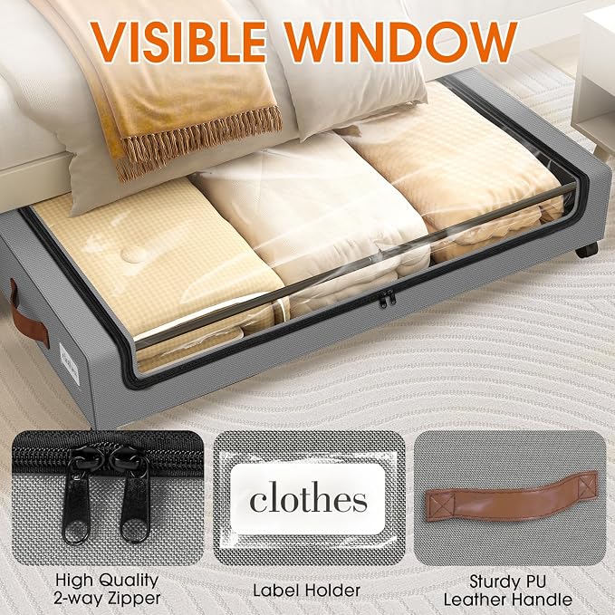 SpaceHacks Under Bed Storage with Wheels 2Pack Underbed Storage with Clear Window&Label Under Bed Drawers Large Capacity Rolling Under Bed Storage for Clothes,Shoes, Blankets (Light Grey)