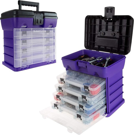 Storage and Tool Box-Durable Organizer Utility Box-4 Drawers with 19 Compartments Each for Hardware, Fish Tackle, Beads, and More by Stalwart (Purple) | With Drawers and Customizable Compartments for Hardware, Fishing Tackle Box, Beads, or Craft Supplies