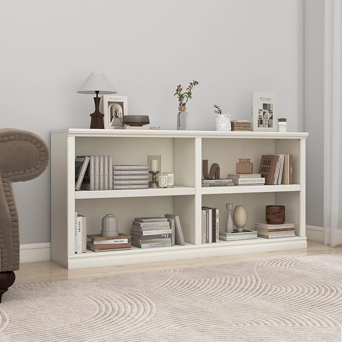 64" W Double Wide Horizontal Bookshelf, 2 Tiers 4 Storage Cube Book Case | Open Shelf Bookcase, Display Cabinet Organizer Indoor Furniture, Home Library Office, White, Adjustable Shelf