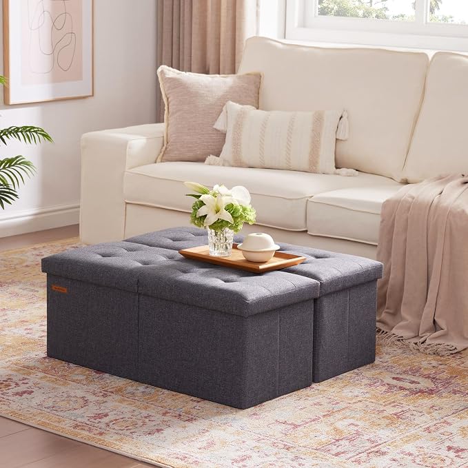 HAUSFRAU Ottoman with Storage Bench Folding Foot Rest Stool Linen Grey | 31.5", Flip Lid, Small Upholstered Foldable Footrest Footstool, Bedroom Bench, Living Room Dorm Ottoman, Rectangle